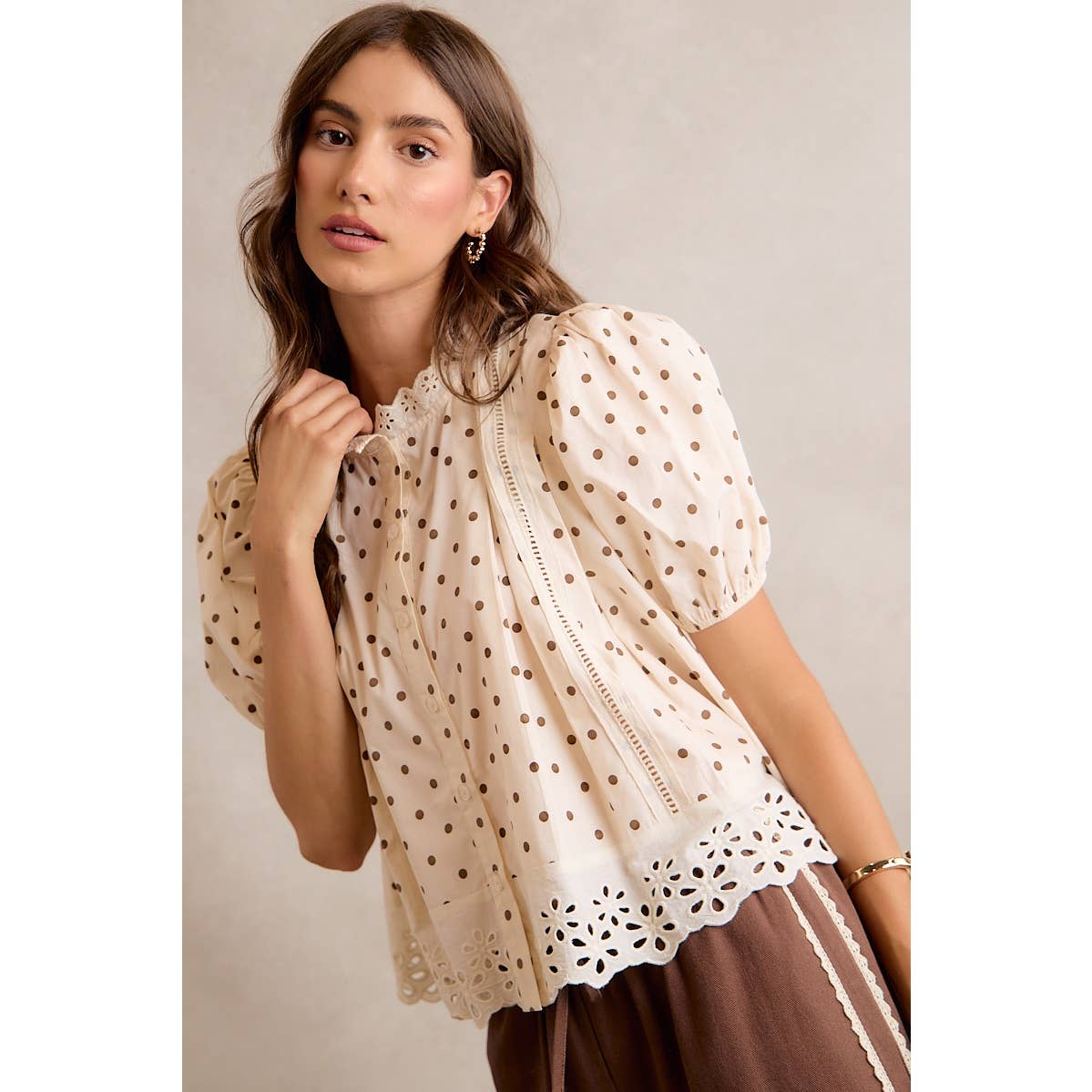 Polka Dot Cotton Lace Trim Short Sleeve Blouse