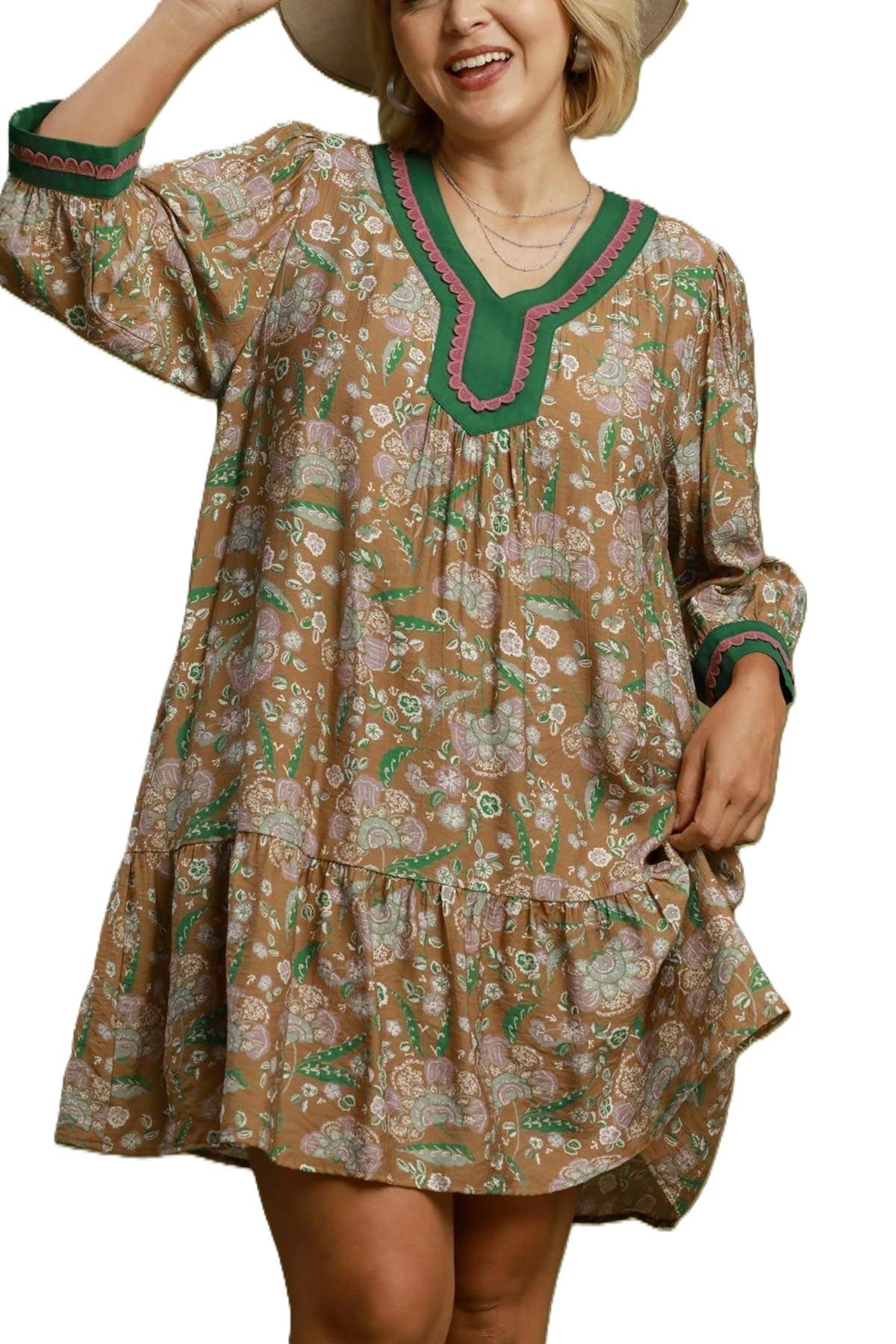 Floral Print Contrast Trim Tiered Boho Dress