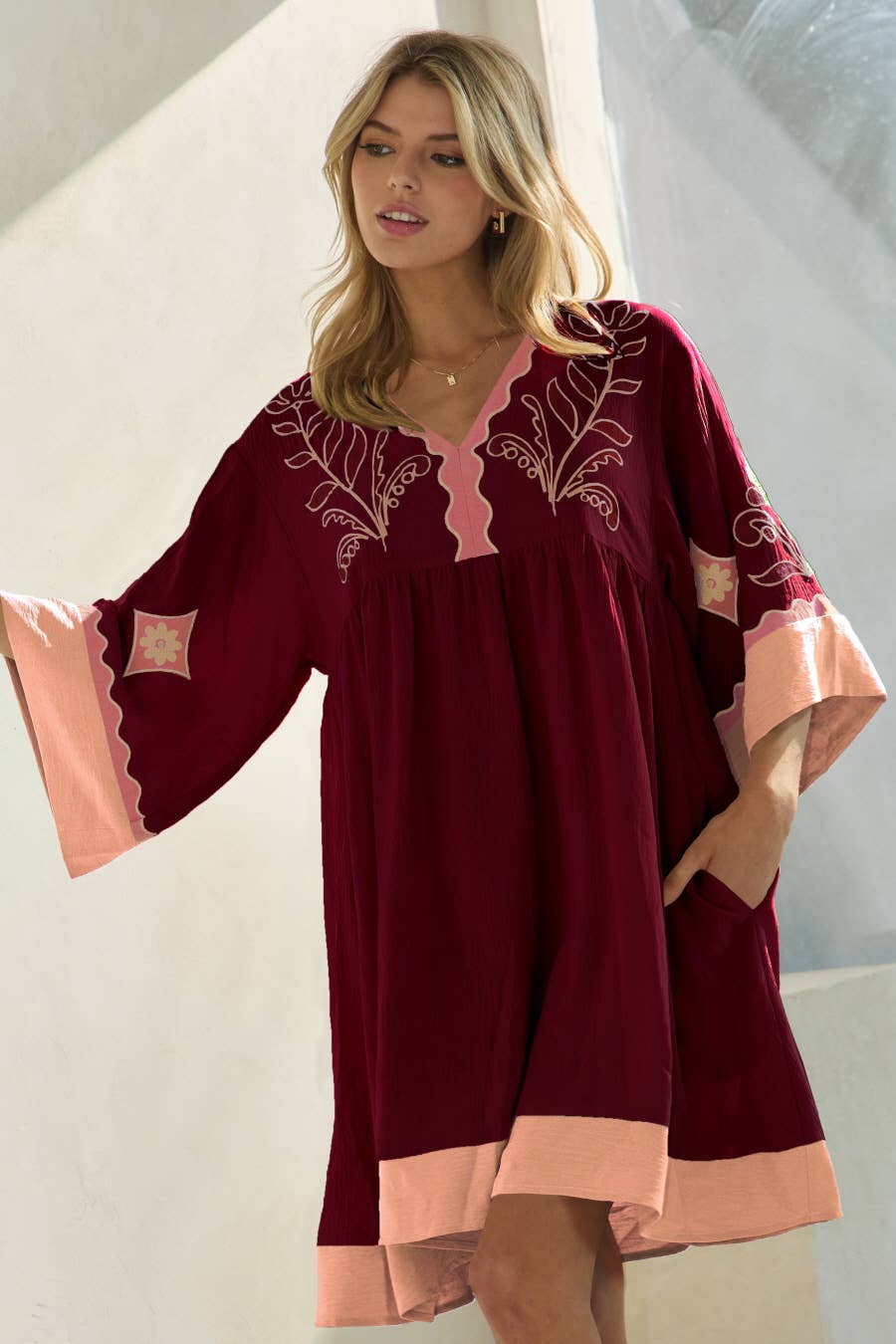 Embroidered Plunge V Neck Mini Dress